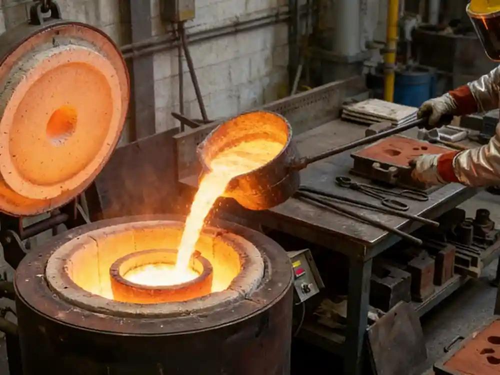 Molten metal being poured into a precision mold during the metal casting process