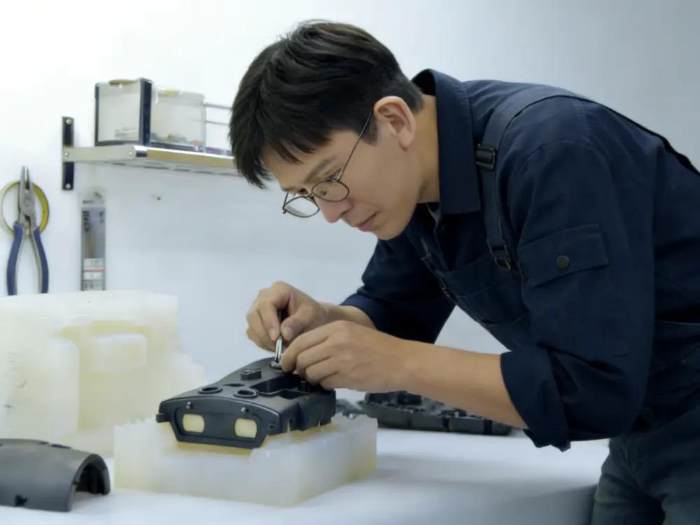 Engineer performing vacuum casting with silicone mold