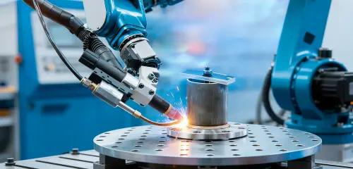 Robotic arm performing precision welding on a circular metal base with welding sparks