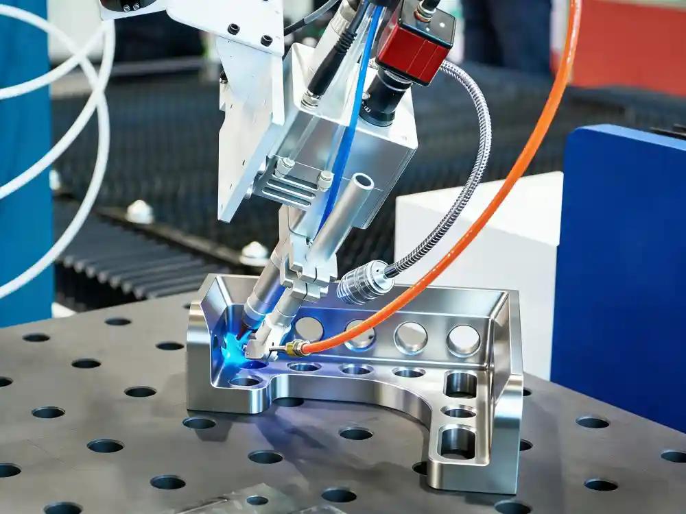 Robotic welding arm performing precision automated welding on a machined metal component