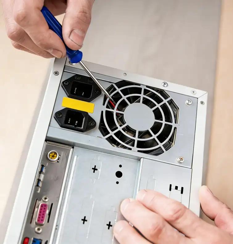 Technician assembling components inside an equipment chassis